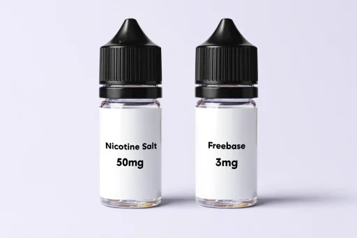 Close up of small bottles labelled 'Nicotine Salt E-liquid' and 'Freebase E-liquid', illustrating the difference for high nicotine vapes AUS users.